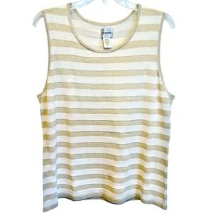 Chico's Knit Tank Metallic Gold White Stripes 3 XL 16-18 Silk Sleeveless Sweater